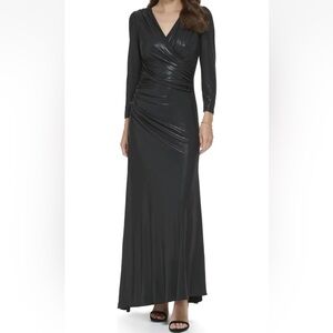 DKNY Women's Black Side Ruched Glazed V-Neck Maxi Dress